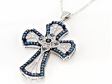 Blue Diamond Rhodium Over Sterling Silver Cross Pendant With Chain 0.85ctw