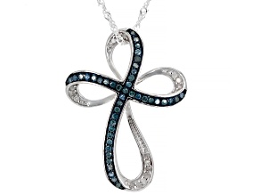 Blue Velvet Diamonds™ And White Diamond Rhodium Over Sterling Silver Cross Pendant 0.55ctw