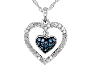 White And Blue Diamonds Rhodium Over Sterling Silver Double Heart Pendant 0.60ctw