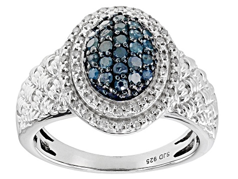Blue And White Diamond Rhodium Over Sterling Silver Cluster Ring 0.55ctw