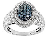 Blue And White Diamond Rhodium Over Sterling Silver Cluster Ring 0.55ctw