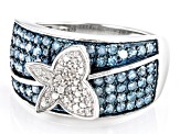 Blue And White Diamond Rhodium Over Sterling Silver Butterfly Ring 1.00ctw