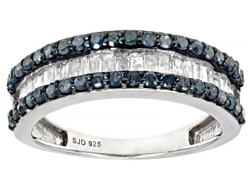 Picture of Blue And White Diamond Rhodium Over Sterling Silver Multi-Row Ring 1.00ctw
