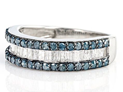 Blue And White Diamond Rhodium Over Sterling Silver Multi-Row Ring 1.00ctw