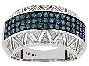 Blue And White Diamond Rhodium Over Sterling Silver Band Ring 0.80ctw