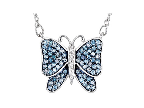 Blue And White Diamond Rhodium Over Sterling Silver 18" Butterfly Necklace 0.70ctw