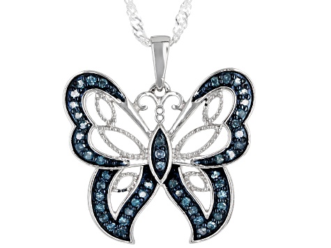 Blue Diamond Rhodium Over Sterling Silver Butterfly Pendant With 18" Singapore Chain 0.40ctw