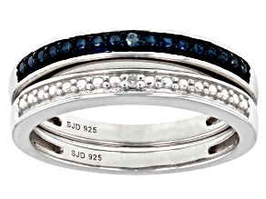 Blue And White Diamond Accent Rhodium Over Sterling Silver Set of 2 Band Rings