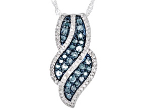 Blue And White Diamond Rhodium Over Sterling Silver Slide Pendant With 18" Singapore Chain 0.90ctw