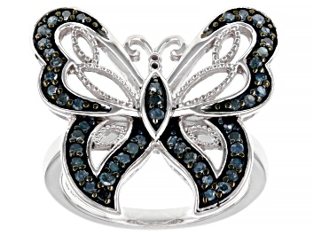 Picture of Blue Diamond Rhodium Over Sterling Silver Butterfly Ring 0.45ctw