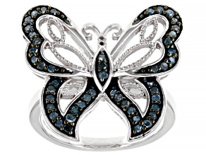 Blue Diamond Rhodium Over Sterling Silver Butterfly Ring 0.45ctw