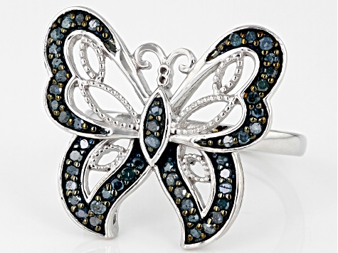 Blue Diamond Rhodium Over Sterling Silver Butterfly Ring 0.45ctw