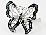 Blue Diamond Rhodium Over Sterling Silver Butterfly Ring 0.45ctw