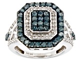 Blue And White Diamond Rhodium Over Sterling Silver Cluster Ring 1.65ctw