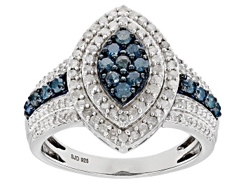 Picture of Blue And White Diamond Rhodium Over Sterling Silver Cluster Halo Ring 1.10ctw
