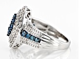Blue And White Diamond Rhodium Over Sterling Silver Cluster Halo Ring 1.10ctw