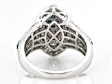 Blue And White Diamond Rhodium Over Sterling Silver Cluster Halo Ring 1.10ctw