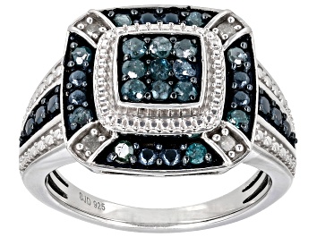 Picture of Blue And White Diamond Rhodium Over Sterling Silver Cluster Ring 0.60ctw