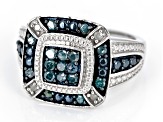 Blue And White Diamond Rhodium Over Sterling Silver Cluster Ring 0.60ctw