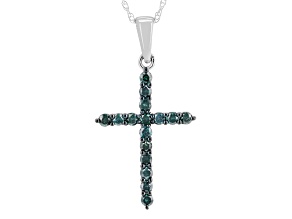 Blue Diamond Rhodium Over Sterling Silver Cross Pendant With Chain 0.55ctw