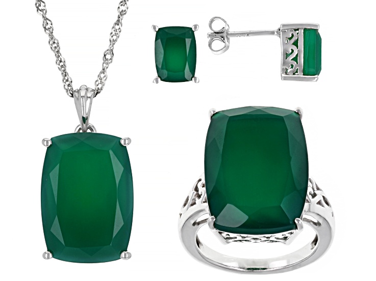 Green Onyx Rhodium Over Sterling Silver Ring, Earrings And