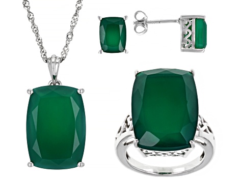 Green Onyx Rhodium Over Sterling Silver Ring, Stud Earrings And Necklace Set