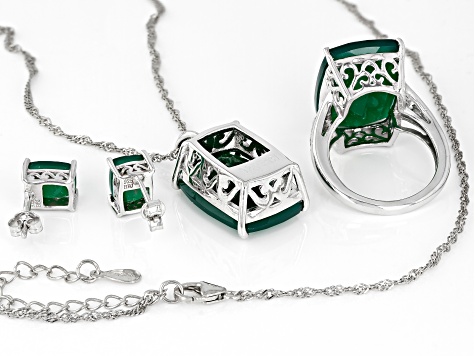 Green Onyx Rhodium Over Sterling Silver Ring, Earrings And Necklace Set