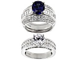 Blue and White Cubic Zirconia Rhodium Over Sterling Silver Rings With Guard 11.54ctw