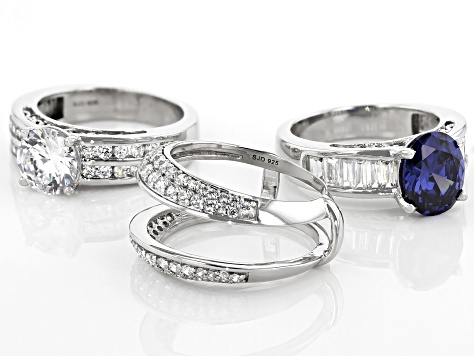 Blue and White Cubic Zirconia Rhodium Over Sterling Silver Rings With Guard 11.54ctw