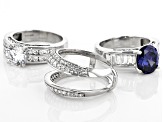 Blue and White Cubic Zirconia Rhodium Over Sterling Silver Rings With Guard 11.54ctw