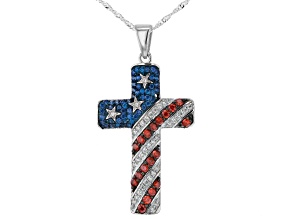 Red, White, and Blue Cubic Zirconia Rhodium Over  Silver Flag Cross Pendant With Chain 2.47ctw