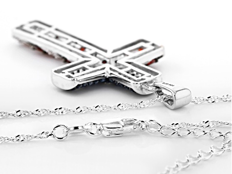 Red, White, and Blue Cubic Zirconia Rhodium Over  Silver Flag Cross Pendant With Chain 2.47ctw