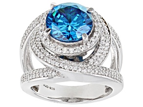 Blue and White Cubic Zirconia Rhodium Over Sterling Silver Ring 8.65ctw