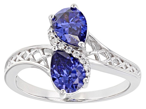 Blue And White Cubic Zirconia Rhodium Over Sterling Silver Ring 2.56ctw