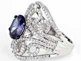 Blue And White Cubic Zirconia Rhodium Over Sterling Silver Ring 6.58ctw