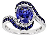 Blue Lab Created Sapphire, Blue And White Cubic Zirconia Rhodium Over Sterling Silver Ring 5.16ctw