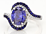 Blue Lab Created Sapphire, Blue And White Cubic Zirconia Rhodium Over Sterling Silver Ring 5.16ctw