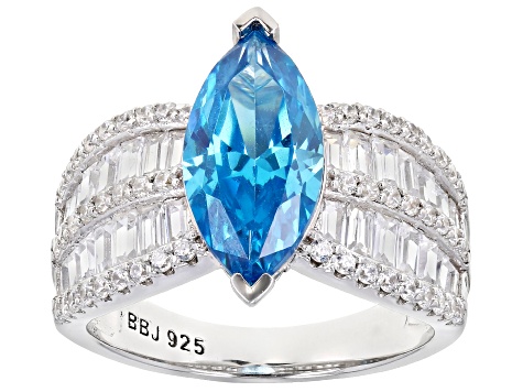 Blue And White Cubic Zirconia Rhodium Over Sterling Silver Ring 5.99ctw