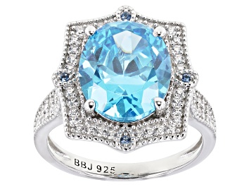 Picture of Blue And White Cubic Zirconia Rhodium Over Sterling Silver Ring 7.77ctw
