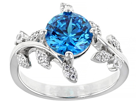 Blue And White Cubic Zirconia Rhodium Over Sterling Silver Leaf Ring 3.19ctw