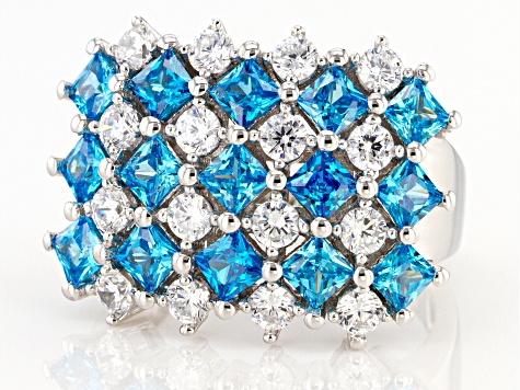 Blue And White Cubic Zirconia Rhodium Over Sterling Silver Ring 5.62ctw