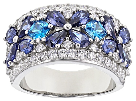 Blue And White Cubic Zirconia Rhodium Over Sterling Silver Floral Ring 8.01ctw