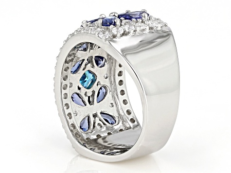 Blue And White Cubic Zirconia Rhodium Over Sterling Silver Floral Ring 8.01ctw