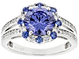 Blue And White Cubic Zirconia Rhodium Over Sterling Silver Ring 3.96ctw