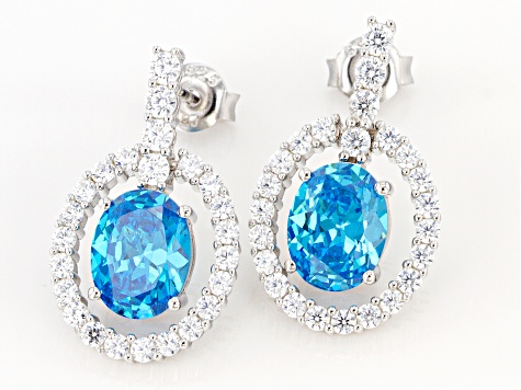 Blue And White Cubic Zirconia Rhodium Over Sterling Silver Earrings 9.61ctw