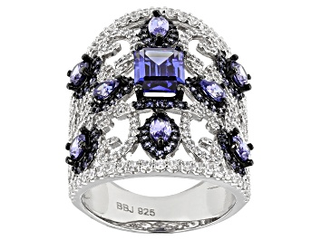 Picture of Lab Created Sapphire, Blue And White Cubic Zirconia Rhodium Over Sterling Ring 7.12ctw