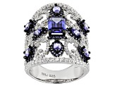 Lab Created Sapphire, Blue And White Cubic Zirconia Rhodium Over Sterling Ring 7.12ctw