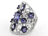 Lab Created Sapphire, Blue And White Cubic Zirconia Rhodium Over Sterling Ring 7.12ctw