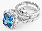 Blue And White Cubic Zirconia Rhodium Over Sterling Silver Ring With Guard 11.57ctw