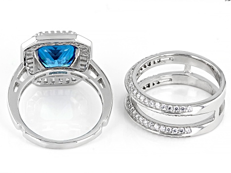 Blue And White Cubic Zirconia Rhodium Over Sterling Silver Ring With Guard 11.57ctw